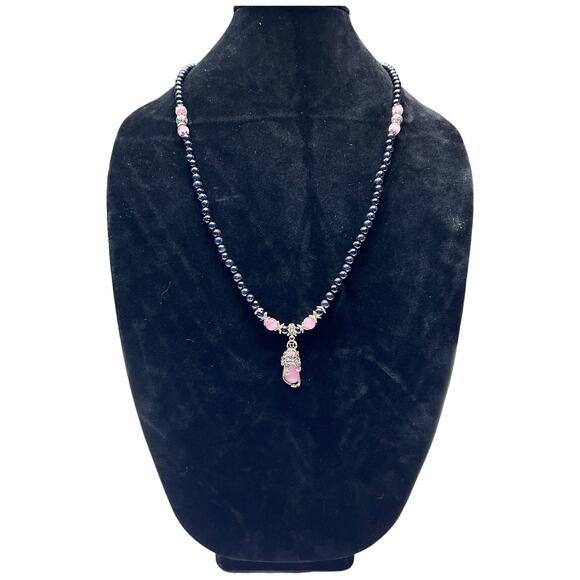 Vintage Style Pink Quartz & Blue Bead Necklace with Lucky Cat Pendant Charm - Picture 1 of 11